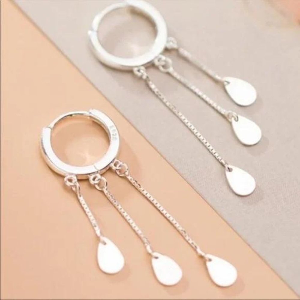 DROP HOOP 925 STERLING SILVER CHAIN EARRINGS, NICE EARRINGS, CUTE EARRINGS - Picture 2 of 5